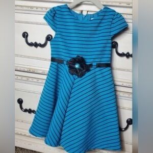 Blue Striped Kids Dress with Floral Belt